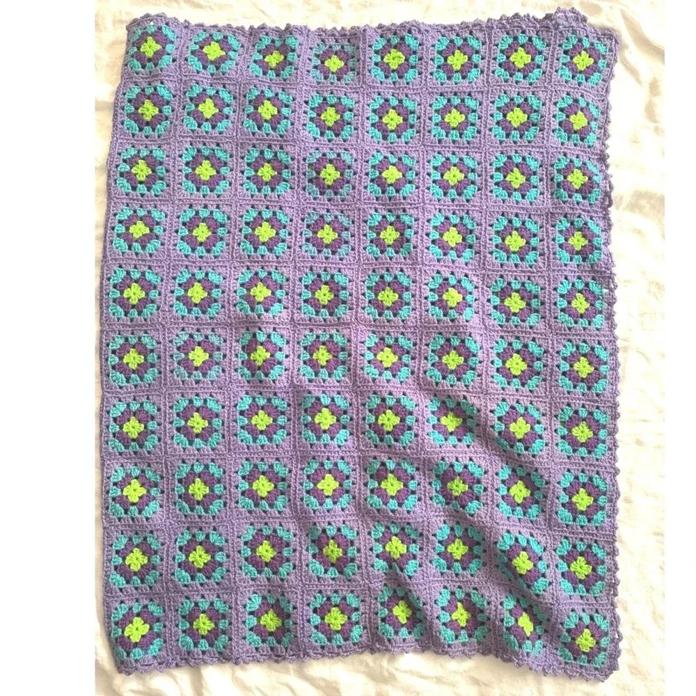 Hand Crocheted Granny Square Afghan 40x64 Purple Teal Green Vtg Blanket Retro